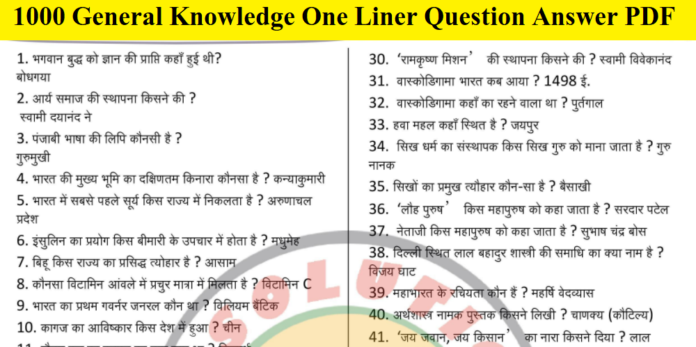 General Knowledge One Liner Question Answer PDF