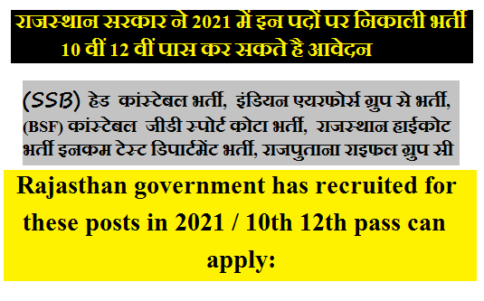 राजस्थान सरकार ने 2021 में इन पदों पर निकाली भर्ती/ 10 वीं 12 वीं पास कर सकते है आवेदन
