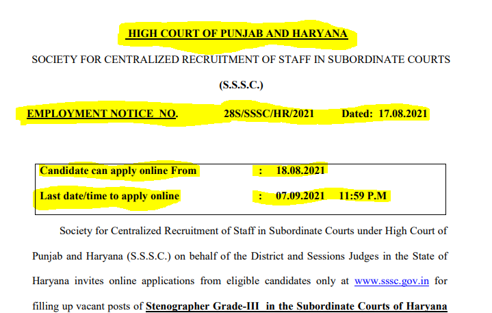 Punjab & Haryana High Court Stenographer Recruitment 2021 – Apply for 445 Vacancy